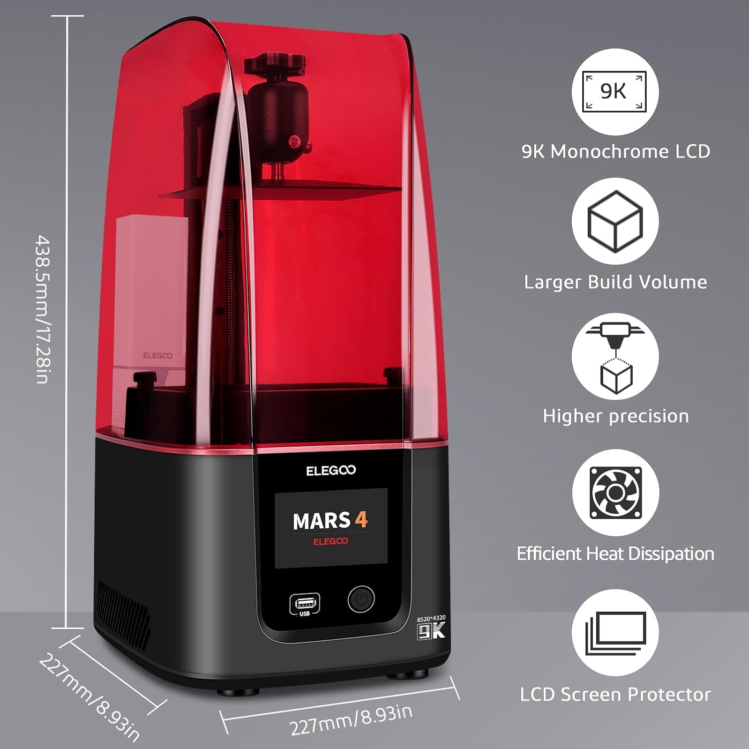 ELEGOO Mars 4 MSLA Resin 3D Printer with 7-Inch 9K Monochrome LCD, Multiple Print Modes and Voxeldance Tango Slicing Software, Printing Size of 6.04x3.06x6.89 Inches
