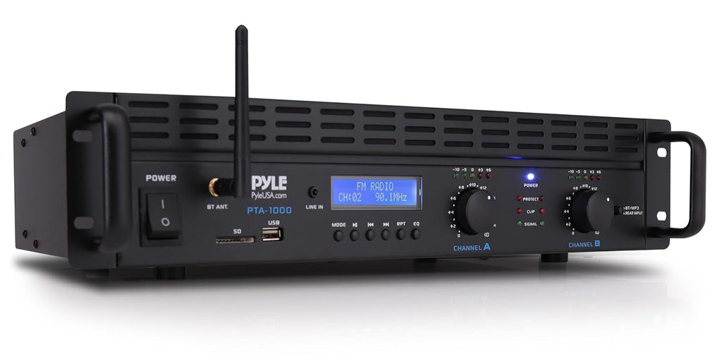 Pyle 2-Channel Rack Mount Power Amplifier with Bluetooth - 2000W Bridgeable with TRS XLR Input, Speakon Outputs, USB-A Input with MP3 Player, Bridge Mode, Cooling Fan, LED Level Meters - PTA1000BT