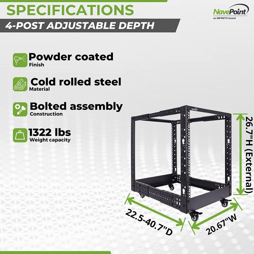 NavePoint 4-Post Open Frame Racks 19-inch Standard, Adjustable 22'-40', Square Holes/Cage Nuts - Parent