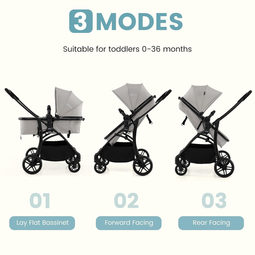 INFANS 2 in 1 Baby Stroller, Convertible Stroller with Bassinet Reversible Seat Adjustable Backrest Canopy One Hand Fold, Compact Toddler Pushchair for Kids Infants Newborns 0-36 Months