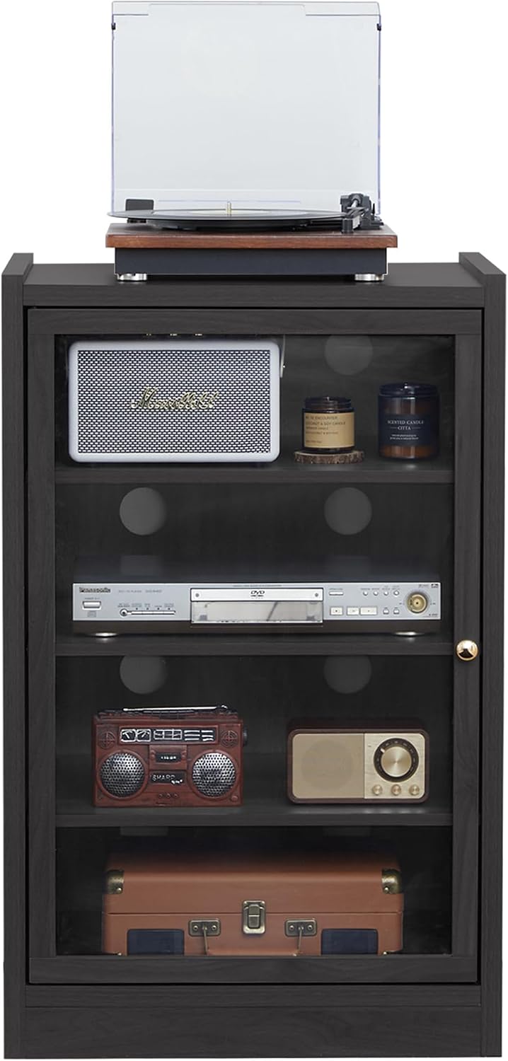 LEVNARY Media Cabinet with Door, Black 5-Tier Stereo Cabinet with Adjustable Shelves, AV Media Storage Shelf with Cable Management, Audio-Video Rack Stand for Living, Gaming, Recording Room (Black)