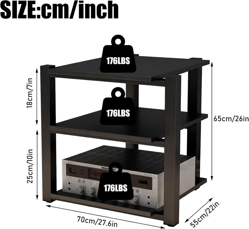 Heavy Duty Audio Rack Tower, Av Media Player Stand with Wooden Shelves, Black Cd Stereo Equipment Cabinet, Suitable for Home,Office/Audio Video/Theate (Black, 3 Tier)