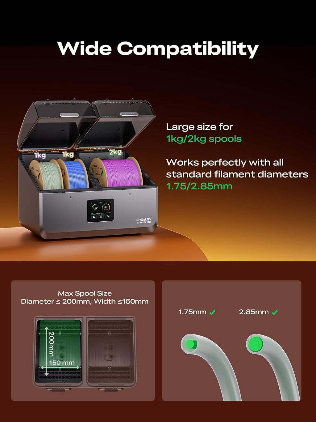 Creality Filament Dryer Box 4 Spools, Space Pi X4 Filament Storage Box, 200W PTC Heats Up to 85°C, Dual Heating Chambers, Fast Drying & Moisture-Free Storage, for PLA, PETG, TPU, ABS