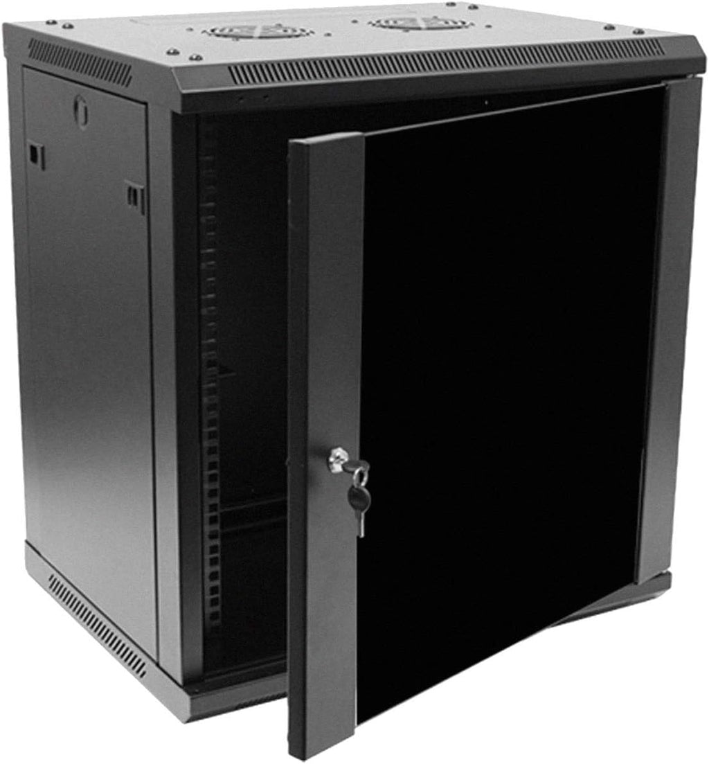 NavePoint 12U Wall Mount Network Cabinet for 19' IT Equipment, A/V, Tempered Glass Door, Locks, 2 Fans, 450mm Depth, Max Weight 132 lbs