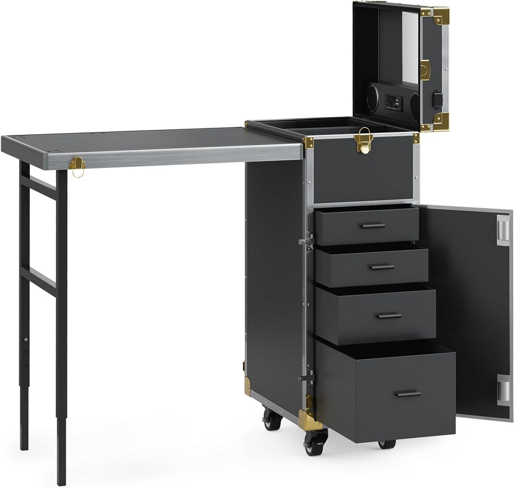 Icoget Portable Rolling Manicure Table for Nail Teach, Foldable Traveling Nail Desk w/Storage, Mobile Manicure Table w/Audio and Mirror, Makeup Train Case Cosmetic Trolley, Black