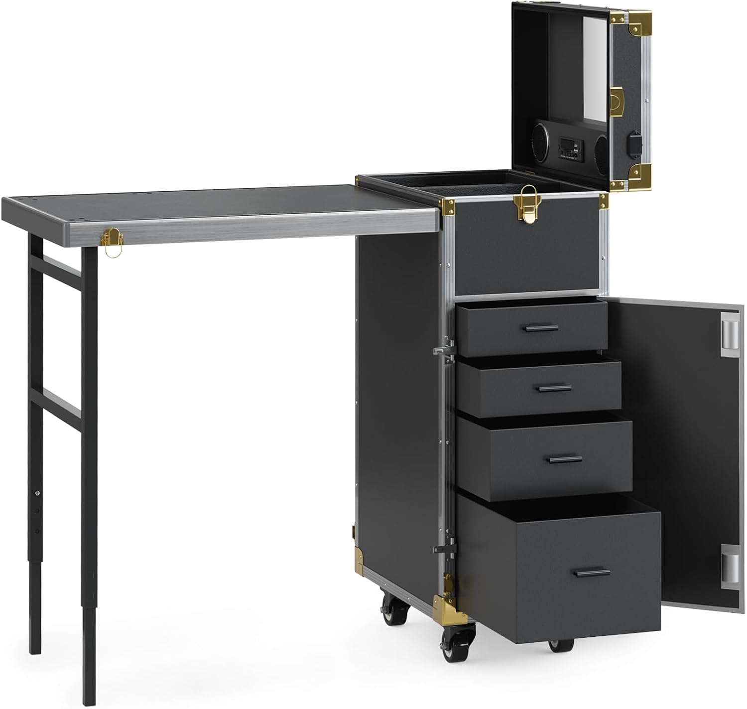 Icoget Portable Rolling Manicure Table for Nail Teach, Foldable Traveling Nail Desk w/Storage, Mobile Manicure Table w/Audio and Mirror, Makeup Train Case Cosmetic Trolley, Black
