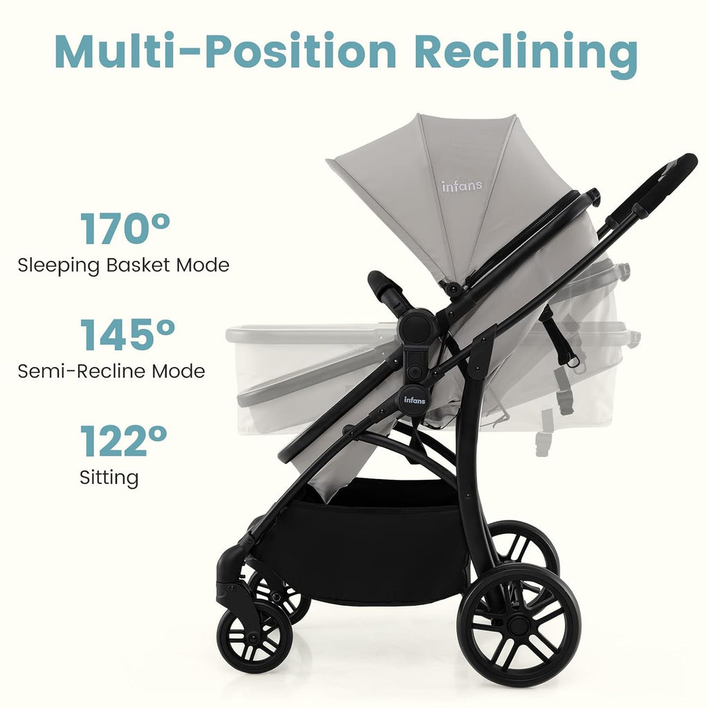 INFANS 2 in 1 Baby Stroller, Convertible Stroller with Bassinet Reversible Seat Adjustable Backrest Canopy One Hand Fold, Compact Toddler Pushchair for Kids Infants Newborns 0-36 Months