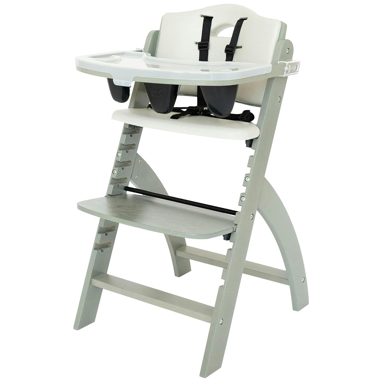 Abiie Beyond Junior Wooden High Chair for Babies and Toddlers - Convertible 3-in-1 Baby Highchair with Removable Tray - 6 Months to 250 Lb - Water Resistant - Misty Grey Wood/Dove Grey Cushion