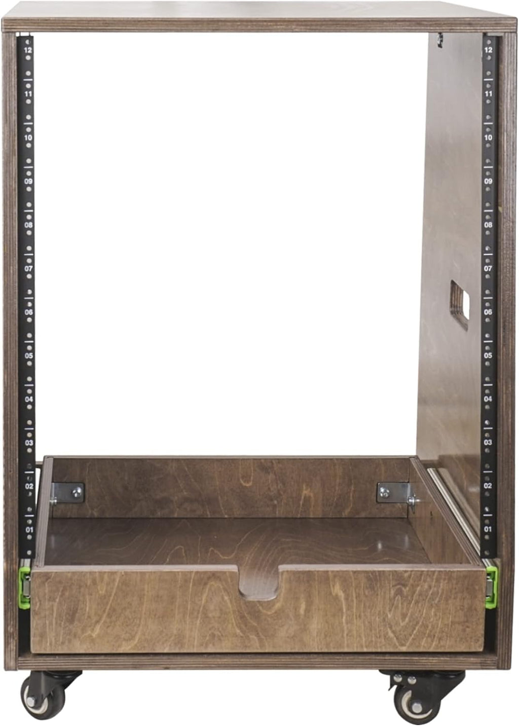 Sound Town 12U DIY Solid Baltic Birch Plywood Slanted Studio Rack with 12U Rack Space, Extra 2U Drawer, Rubber Feet, Casters, Weathered Brown (SDRK-12TBD2)