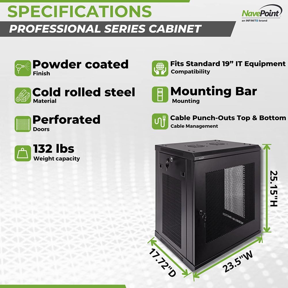 NavePoint 12U Server Rack - 17.7' Deep, Wall Mount Network Cabinet with Locking Perforated Door, 19' IT Equipment Compatible, Removable Side Panels, Black