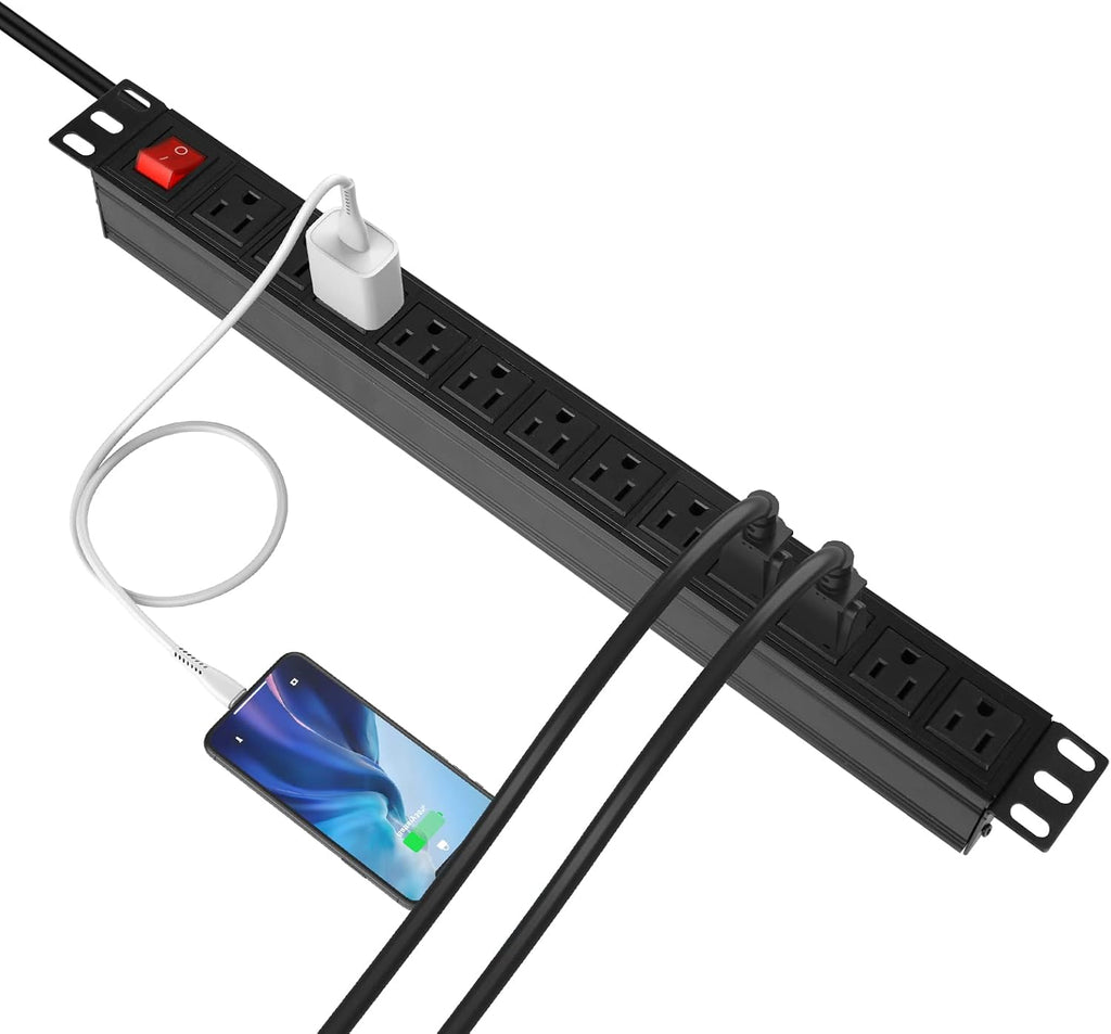 20PCS 12 Outlet Power Strips Surge Protector Rack-Mount PDU, Metal Mountable Power Strip with Switch, Heavy Duty Power Strips for Server Racks, Garage Shop, Industral Commercial (Black 6FT)