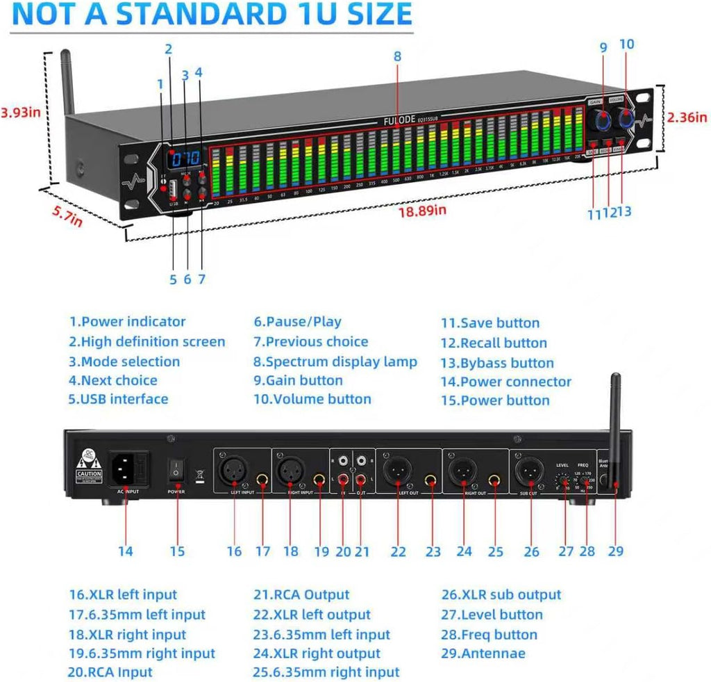 Home Audio Equalizer, Professional 31-Band Digital Equalizer,Noise Reduction Rack Mount Audio Spectrum Analyzer,Stereo graphic equalizer Real-time frequency level display