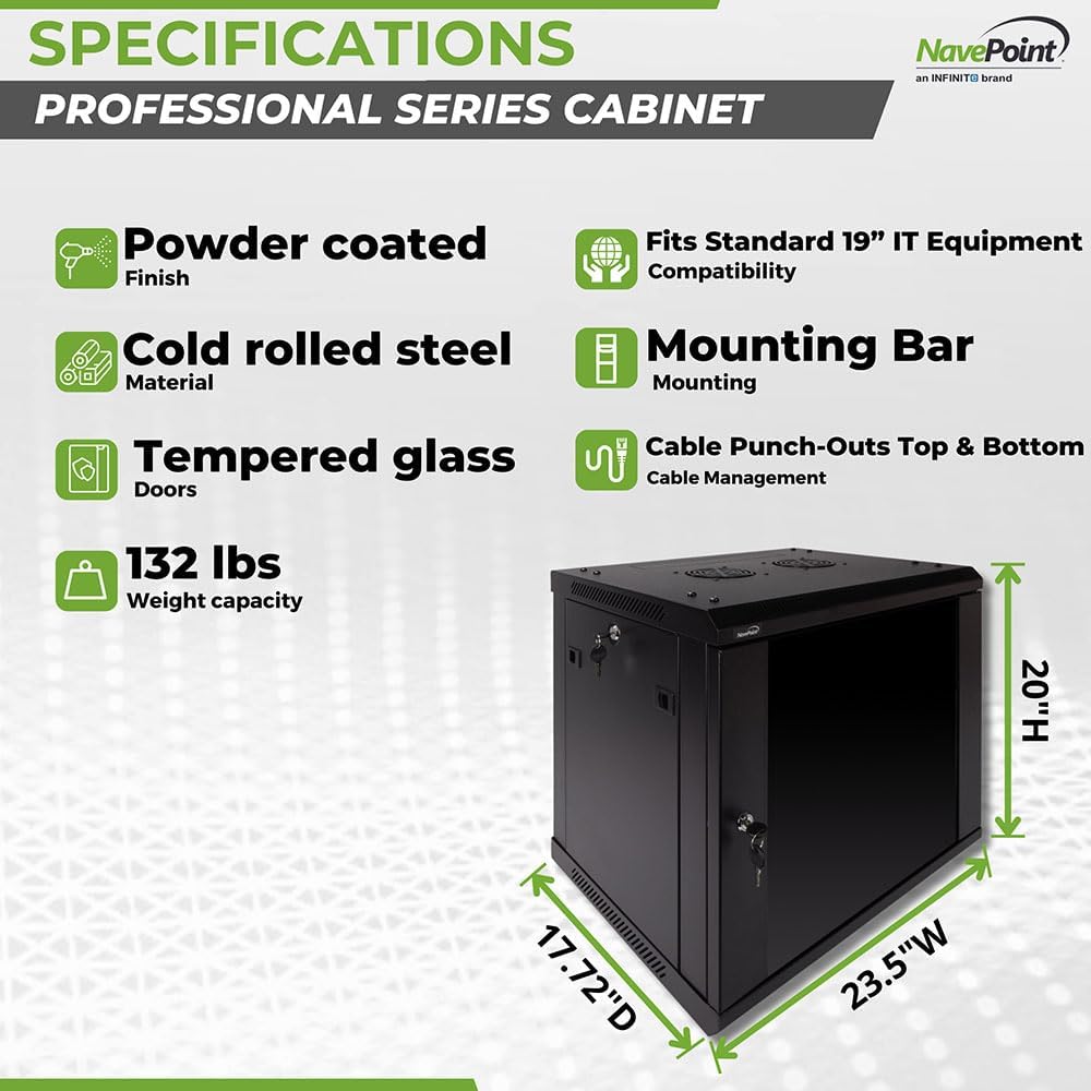 Navepoint 9U Deluxe IT Wallmount Cabinet Enclosure 19-Inch Server Network Rack with Locking Glass Door - Black