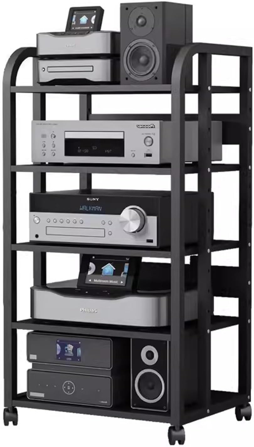 WDJBPSH Rolling Audio Equipment Storage Cart, Heavy Duty Media Rack with Height Adjustable Wooden Shelf, Office Bedroom Living Room Av Stereo Rack, Space-Saving (Size : 5 Tier-H100cm/39.3in)