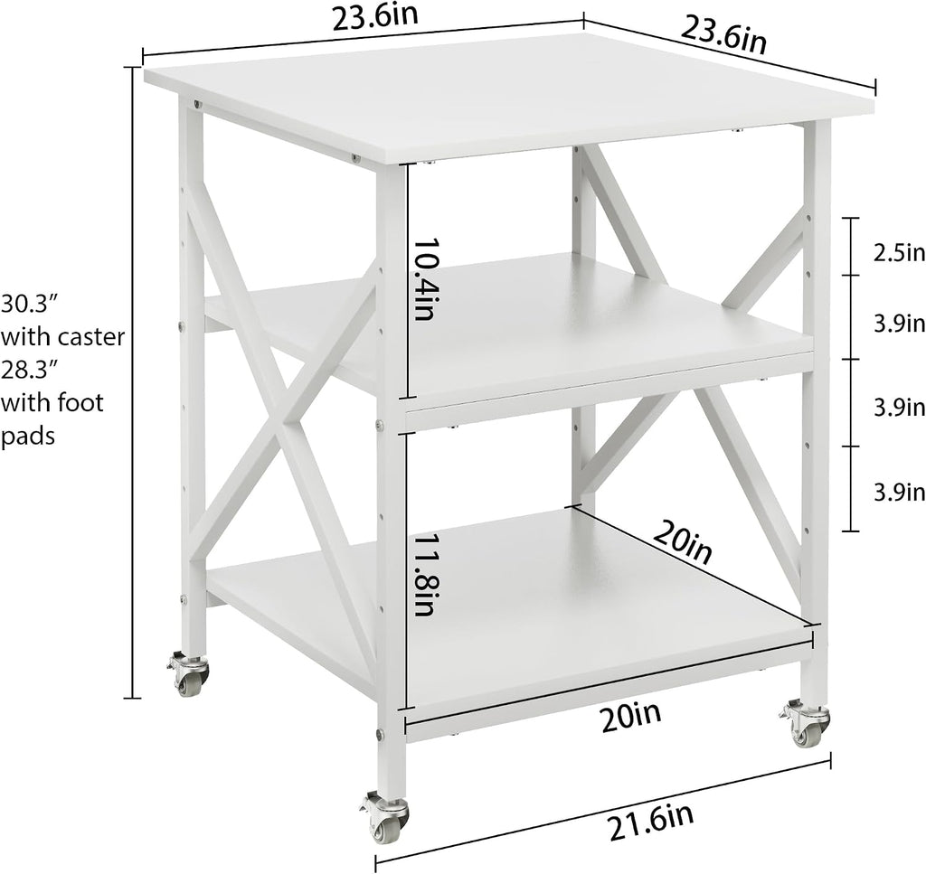 3 Tier Printer Stand, Large Table with Wheels, Rolling Cart with Height Adjustable Middle Storage Shelf, 23.6 x 23.6 x 30.3 Inches Shelf for Home Office, White