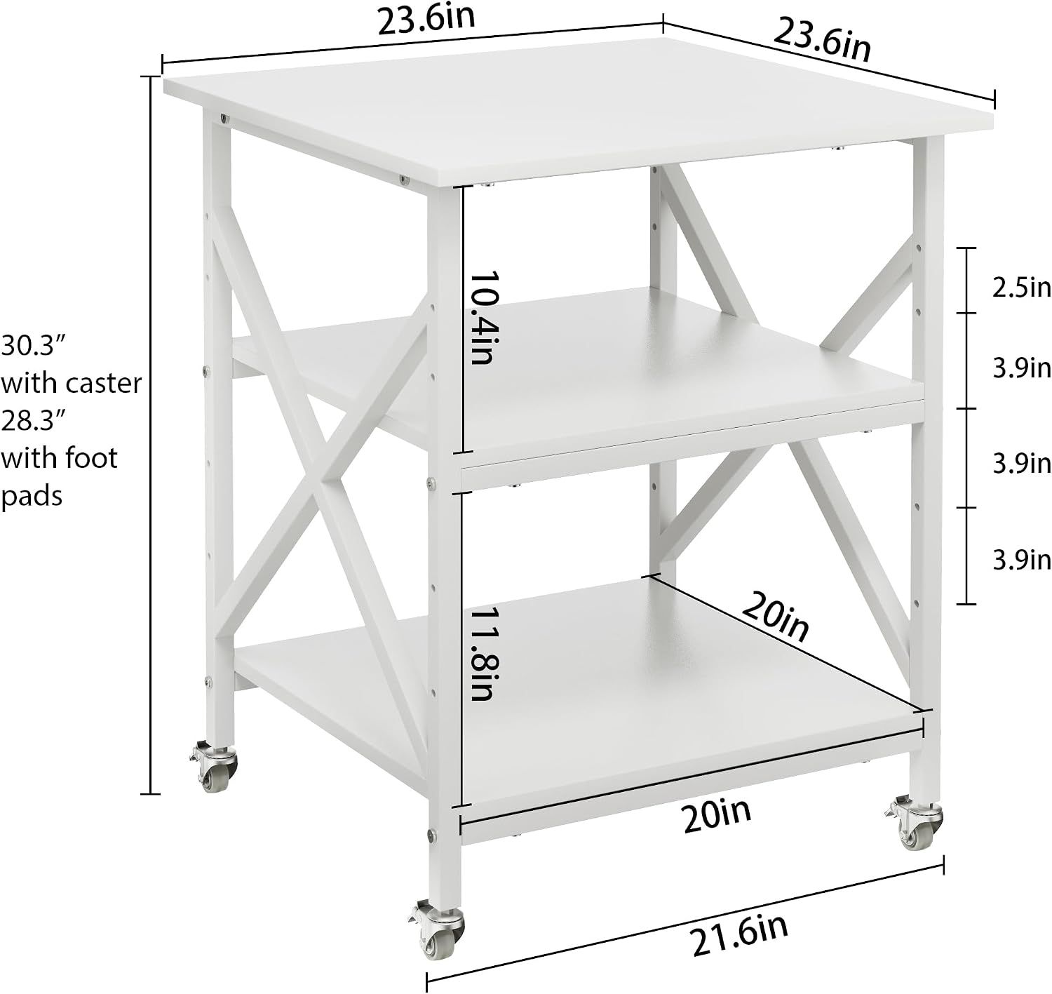 3 Tier Printer Stand, Large Table with Wheels, Rolling Cart with Height Adjustable Middle Storage Shelf, 23.6 x 23.6 x 30.3 Inches Shelf for Home Office, White