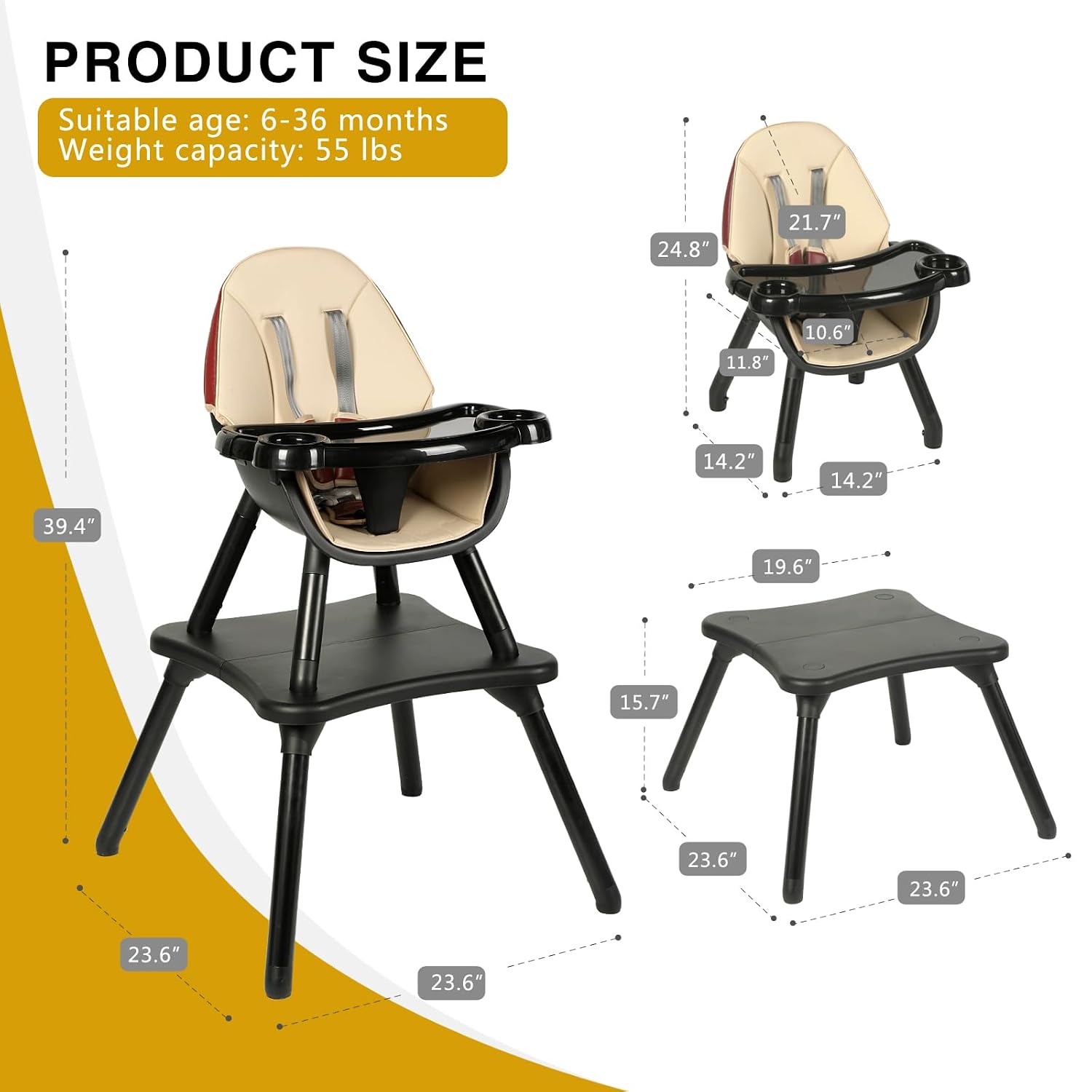 Gofirst 6 in 1 Baby High Chair,Convertible High Chairs for Babies and Toddlers/Booster Seat/Table and Chair Set,Babies Feeding Chair/5-Point Harness,4-Position Removable Tray&PU Cushion Baby Highchair