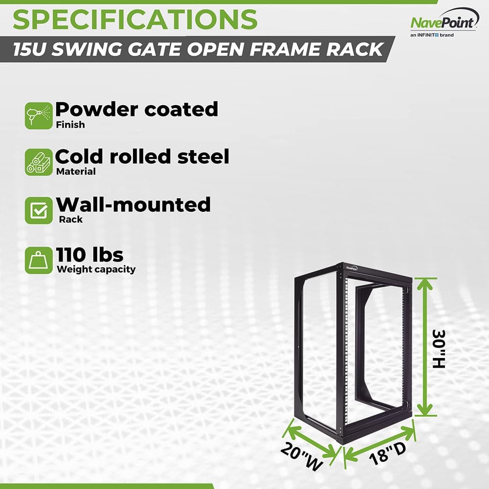 NavePoint 15U Open Frame Server Rack for 19' IT Network Equipment & A/V Devices, Free Standing or Wall Mount Rack with 180 Degrees Gate Swing, Black