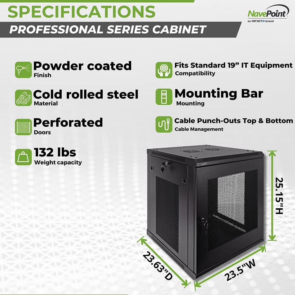 NavePoint 12U Server Rack - 23.6' Deep, Wall Mount Network Cabinet with Locking Perforated Door, 19' IT Equipment Compatible, Removable Side Panels, Black