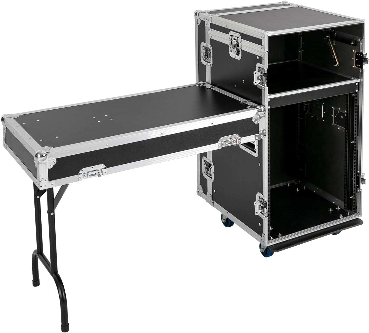 14U PA DJ Pro Audio Rack Road Case with 11U Slant Mixer Top, DJ Work Table and Casters, DJ Mixer Rack, Pro Tour Grade