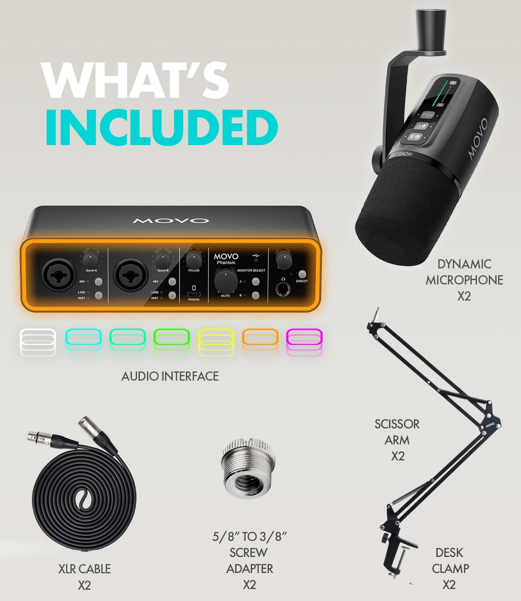 Movo Podcast Equipment Bundle - Phantom USB Audio Interface, 2 UM6 XLR/USB-C Dynamic Microphones, and 2 Boom Arms - Professional Dual Microphone Setup for Podcasting and Streaming
