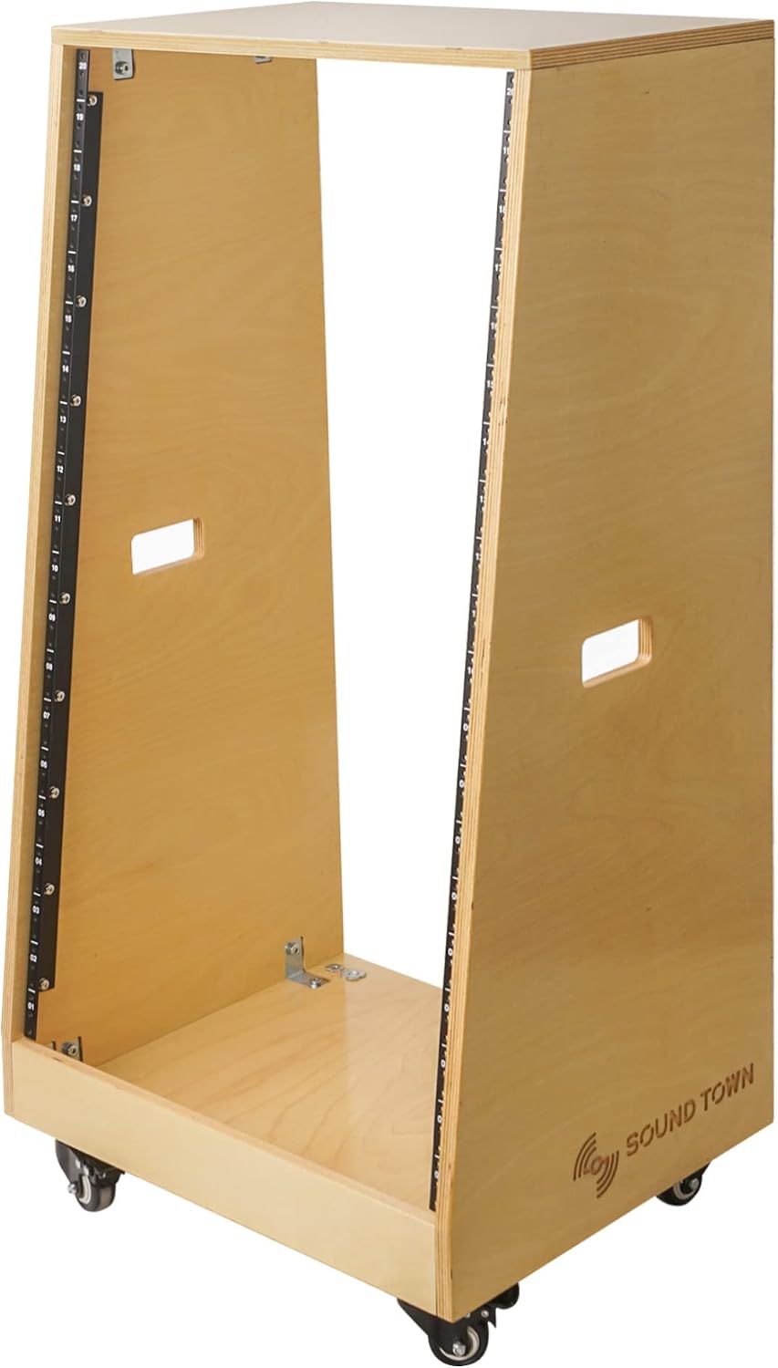 Sound Town DIY Solid Baltic Birch Plywood Slanted 20U Studio Rack, Golden Oak, with Rubber Feet, Casters (SDRK-20T)