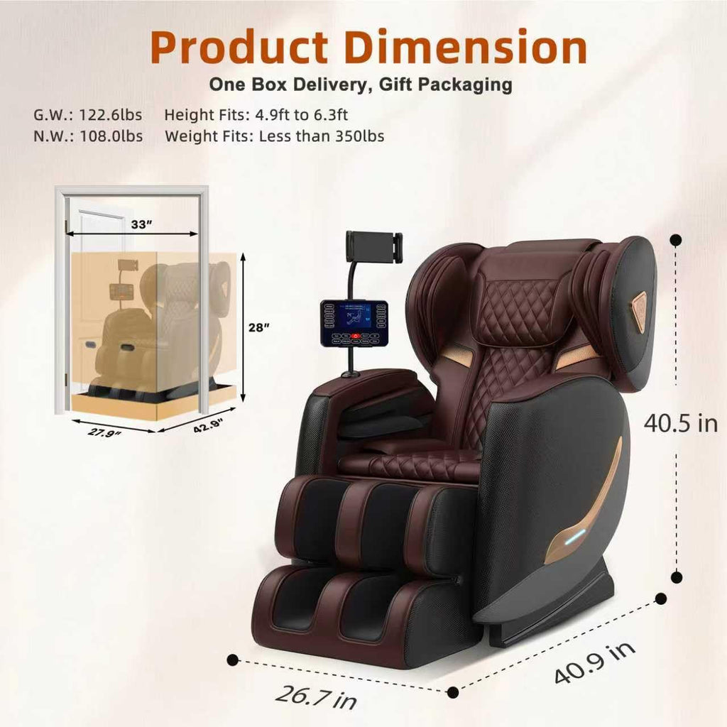 Luxury 3D Zero Gravity Full-Body Shiatsu Massage Chair with 10-Node Rollers,20 Airbags,Waist & Leg Heating, Bluetooth Audio, and Extendable Footrest - Home Relaxation Recliner (Brown)