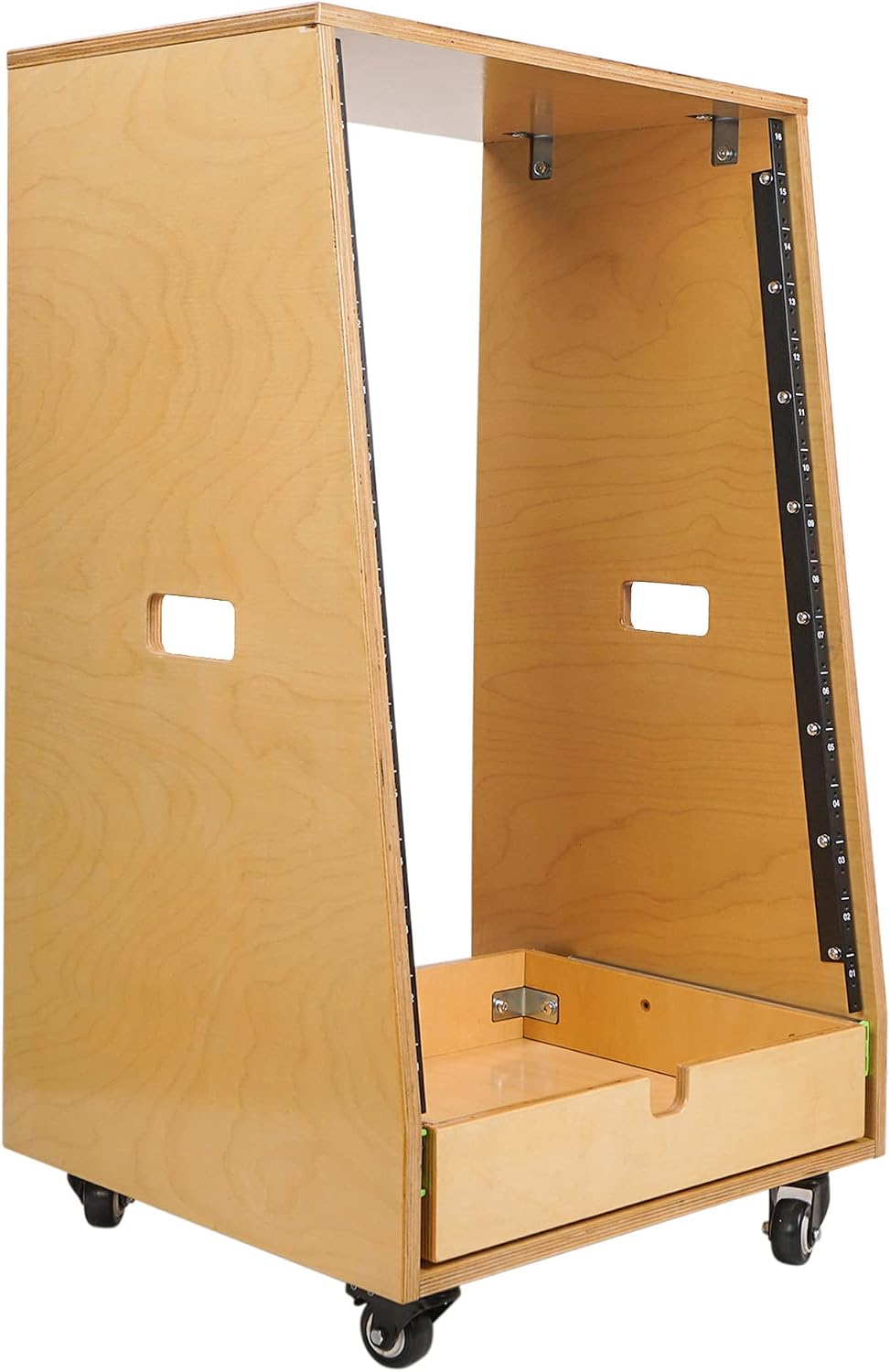 Sound Town 16U DIY Solid Baltic Birch Plywood Slanted Studio Rack with 16U Rack Space, Extra 2U Drawer, Rubber Feet, Casters, Golden Oak (SDRK-16TD2)
