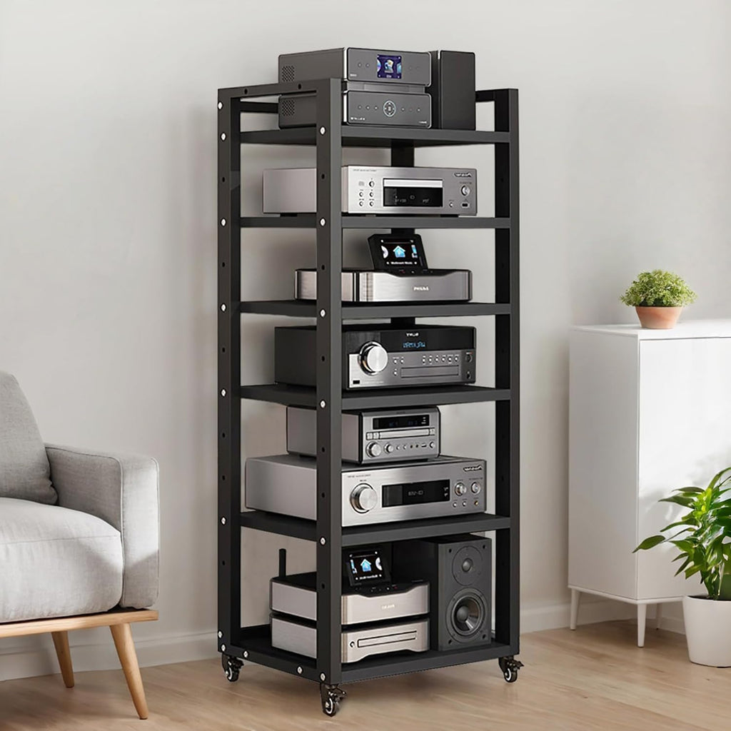6 Tier Audio Rack Tower, Corner TV Console and AV Media Components Cabinet, Heavy Duty Stereo Racks and Stands with Adjustable Wooden Shelf for Home/Office/Theater(A)