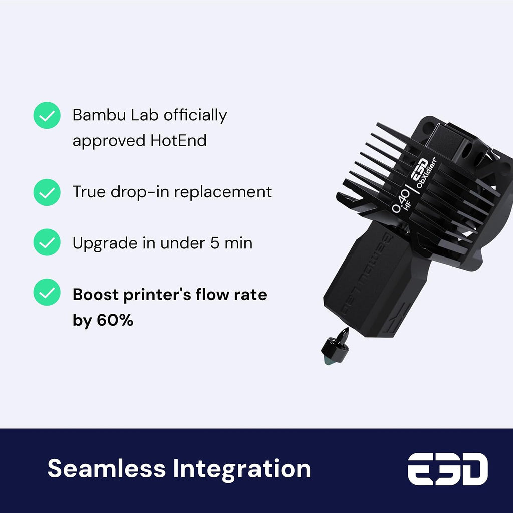E3D High Flow ObXidian™ Bambu Lab P1P/P1S (0.4mm) Complete HotEnd, 60% Increased Flow Rate, Smooth 3D Printing, Ideal for Fiber-Filled Filaments, Bambu Approved
