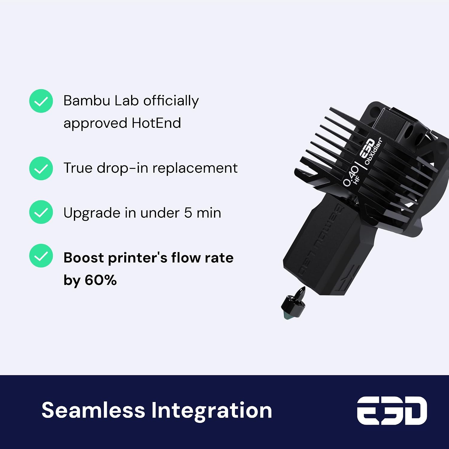 E3D High Flow ObXidian™ Bambu Lab P1P/P1S (0.4mm) Complete HotEnd, 60% Increased Flow Rate, Smooth 3D Printing, Ideal for Fiber-Filled Filaments, Bambu Approved