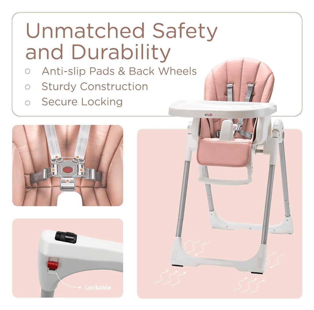 KÜB 3-in-1 Foldable Baby High Chair | 7 Height & 4 Recline Adjustable | Removable Seat & Tray for Easy Clean | 2 Locking Wheels | Multifunctional Infant High chairs for Babies and Toddlers Girl (Pink)