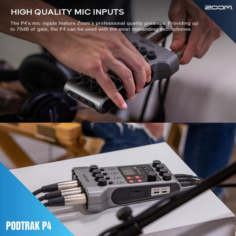 Zoom PodTrak P4 Portable Multitrack Podcast Recorder, Audio Interface w/ 4 Mic Inputs, 4 Headphone Outputs with 64GB SD, 4X Zoom Podcast Mic Pack, 4X Pop Filter Set, 4AA Rechargeable Batteries & More