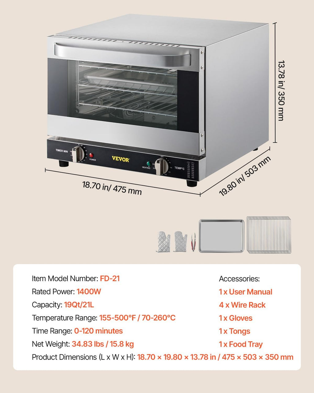 VEVOR Commercial Convection Oven, 21L/19Qt, Quarter-Size Conventional Oven Countertop, 1440W 3-Tier Toaster w/Front Glass Door, Electric Baking Oven w/Trays Wire Racks Clip Gloves, 120V