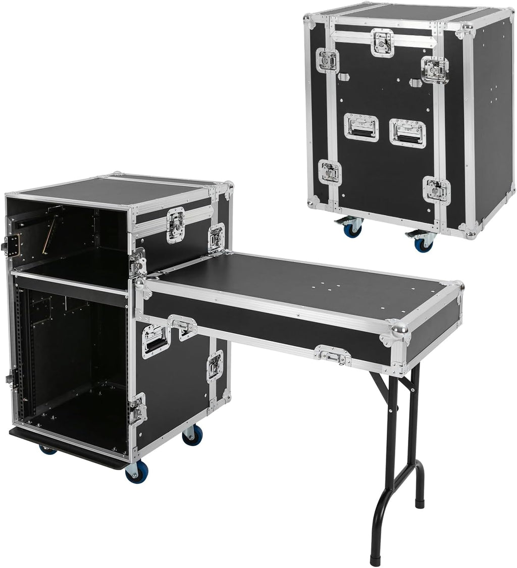 12U PA DJ Rack with DJ Table Top,DJ Work Table, Casters, Pro Tour Grade, Audio Rack/Road Case Vertical Rack Recording Studio Cabinet Racks for DVD Players, DJ Signal