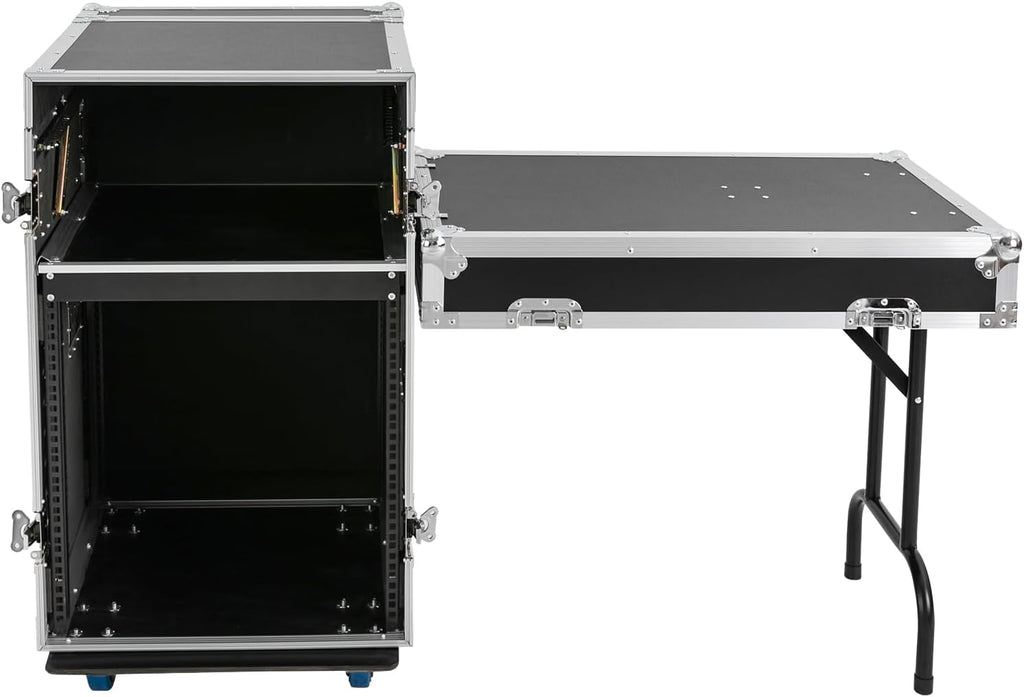 12U Mobile PA DJ Rack/Road Case, Network & Stereo Rack with DJ Mixer Tops, Heavy-Duty 2-Tier Studio Equipment Cabinet with 4 Wheels, Amplifier Mixer Storage Stand for Live Sound, KTV, Home Theater