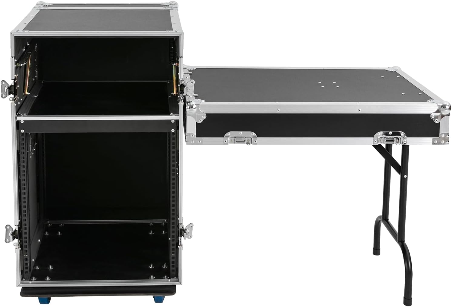 12U Mobile PA DJ Rack/Road Case, Network & Stereo Rack with DJ Mixer Tops, Heavy-Duty 2-Tier Studio Equipment Cabinet with 4 Wheels, Amplifier Mixer Storage Stand for Live Sound, KTV, Home Theater