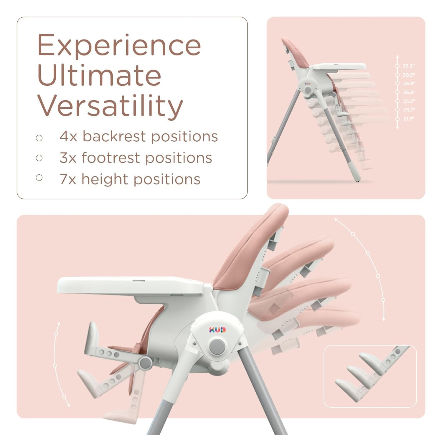 KÜB 3-in-1 Foldable Baby High Chair | 7 Height & 4 Recline Adjustable | Removable Seat & Tray for Easy Clean | 2 Locking Wheels | Multifunctional Infant High chairs for Babies and Toddlers Girl (Pink)