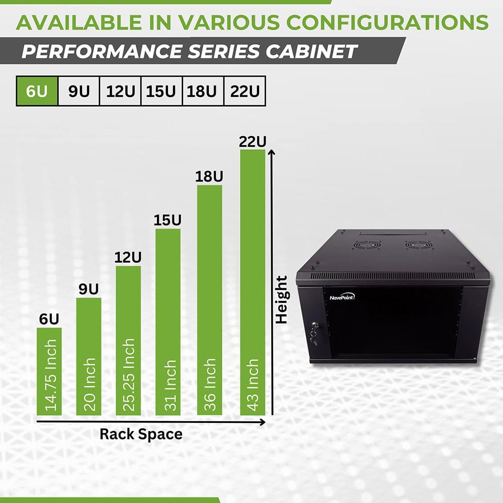 NavePoint 6U Server Cabinet Wall Mount Rack Enclosure Includes 2 Fans, Locking Glass Door, Removable Side Panels – 6U Network Cabinet 23.6' Deep, 19 Inch Server Rack for IT and A/V Equipment