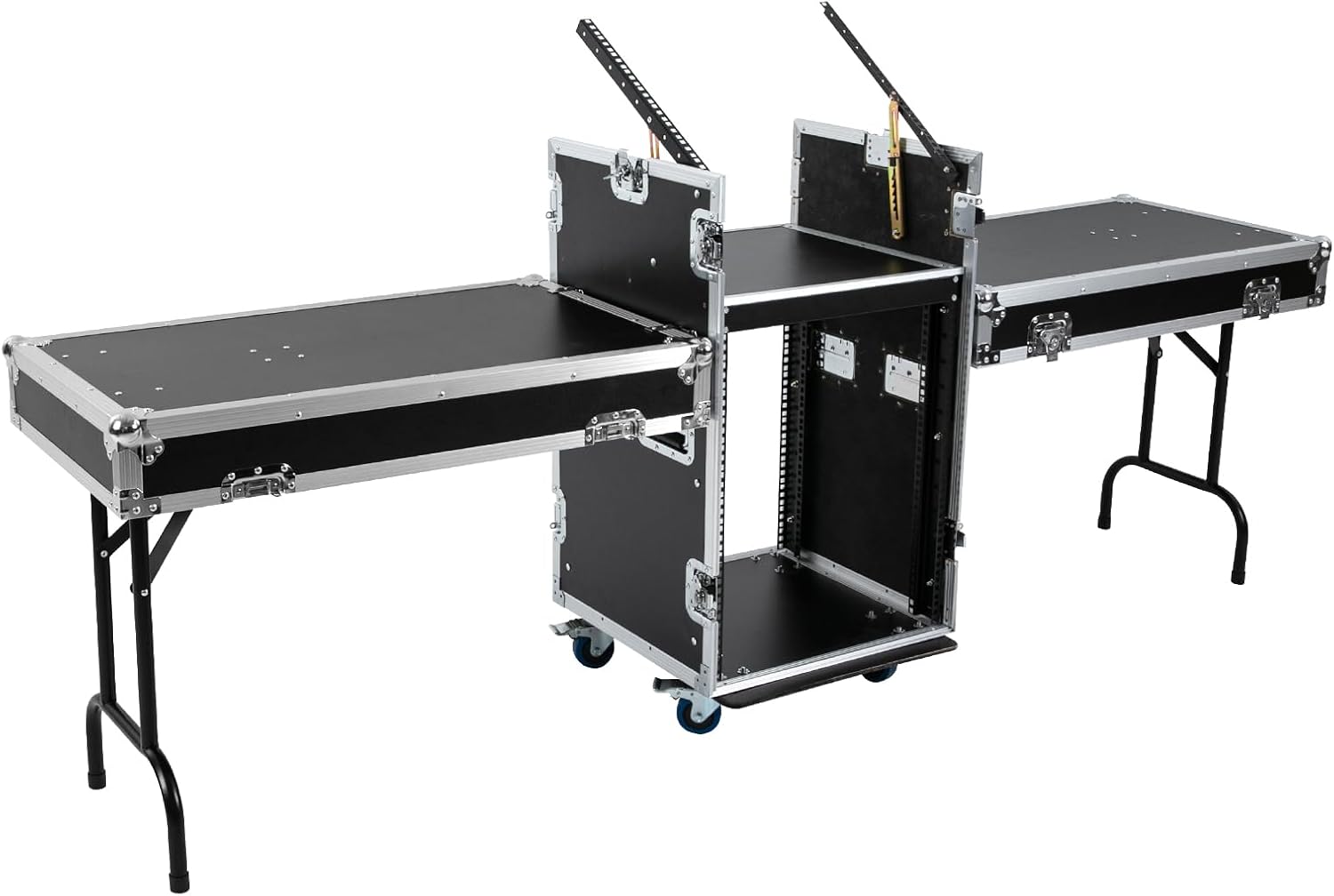 14U PA DJ Pro Audio Rack/Road ATA Case with 2 DJ Work Tables, Heavy-Duty Plywood Av Rack Case with Casters, Mobile 2 Tiers Studio Rack for Storing Electronic Equipment, Metal Corners