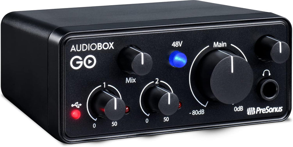 PreSonus AudioBox GO USB-C Recording Bundle with Condenser Microphone Studio Headphones Boom Stand Pop Filter XLR Cable and Studio One Music Production Software