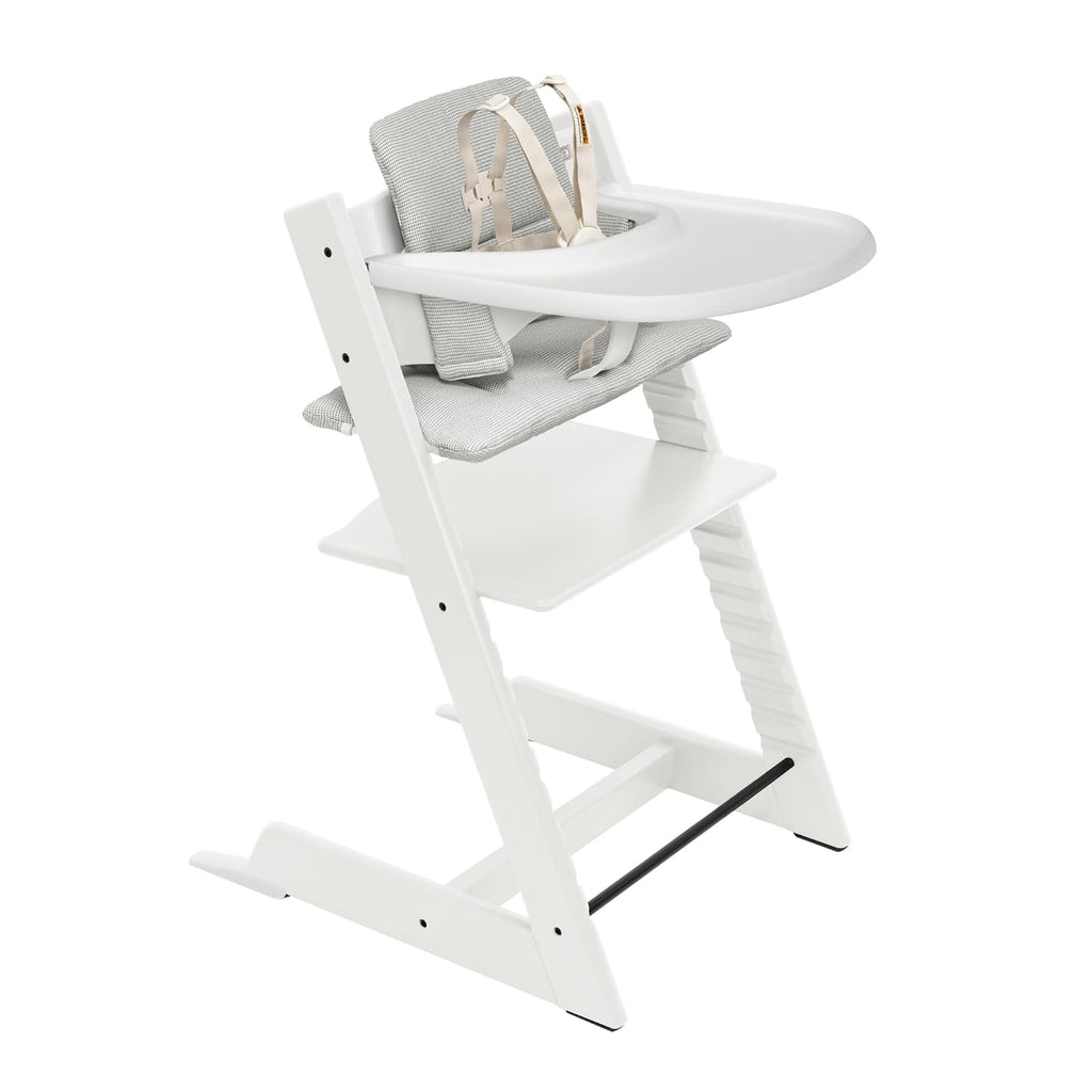 Stokke Tripp Trapp High Chair 2 (White), Cushion 2 (Nordic Grey) + Stokke Tray (White) - Includes Chair + Baby Set with Removable Harness for Children 6-36 Months