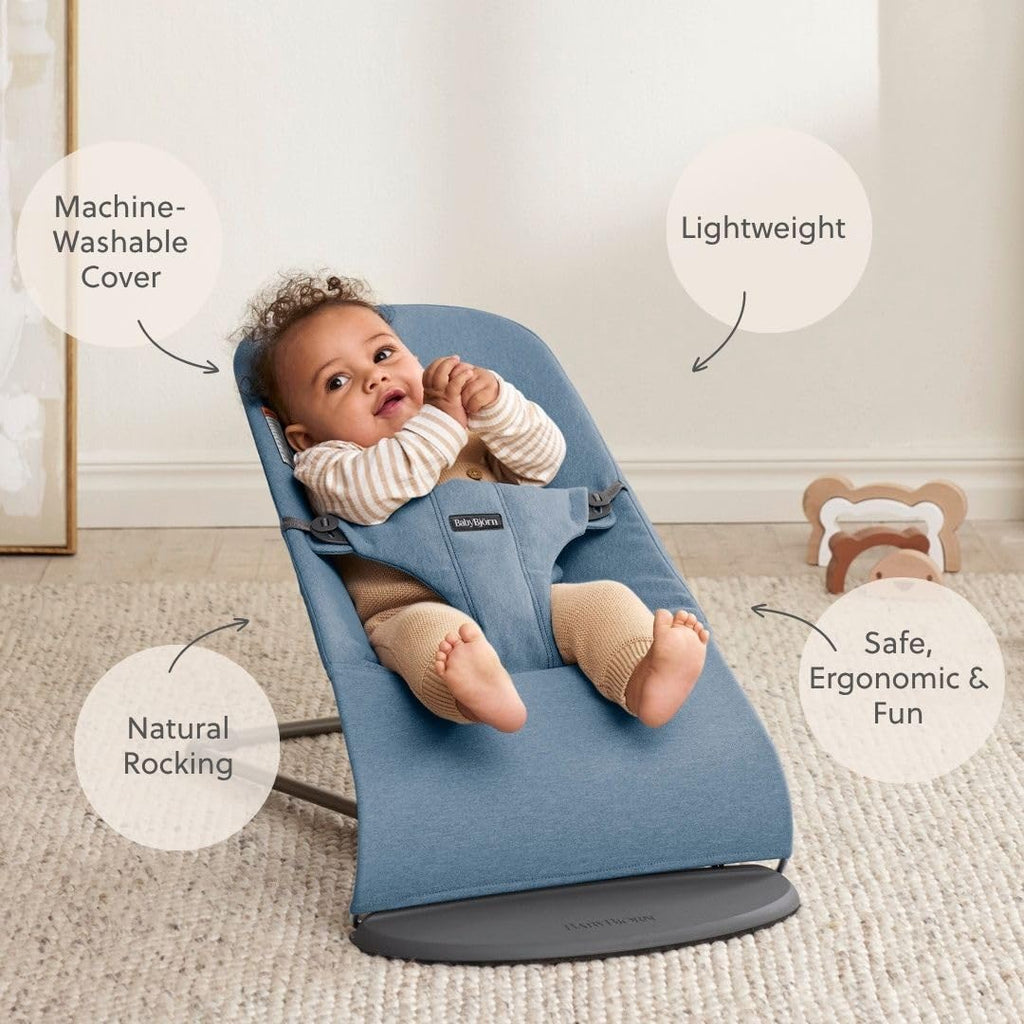 BabyBjörn Bouncer Bliss, Woven mélange, Blue | 2-in-1 Adjustable Baby Bouncer Seat and Toddler Chair, Newborn to Toddler (8-29 lbs), 4 Positions, Lightweight & Portable