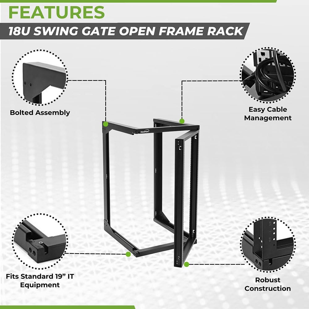 NavePoint 18U Server Rack with Swing Gate - Wall Mount Rack for 19 Inch IT & AV Equipment - Open Frame, Black