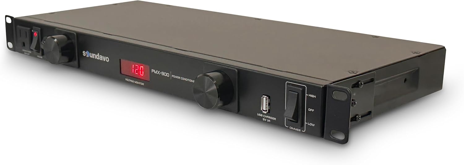 PMX-900 Rack-mount 1U Power Conditioner/Surge Protection - Noise Filtering with 2 Front-panel Pull-out LED Lights & LED Voltage Monitor Display (No Sequencer Function)