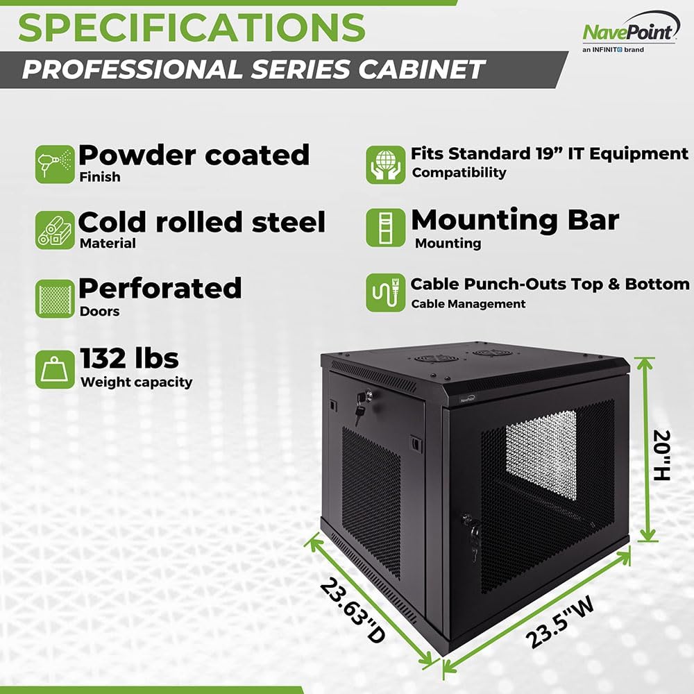 Navepoint 9U Deluxe IT Wallmount Cabinet Enclosure 19-Inch Server Network Rack with Locking Perforated Door 24-Inches Deep Black