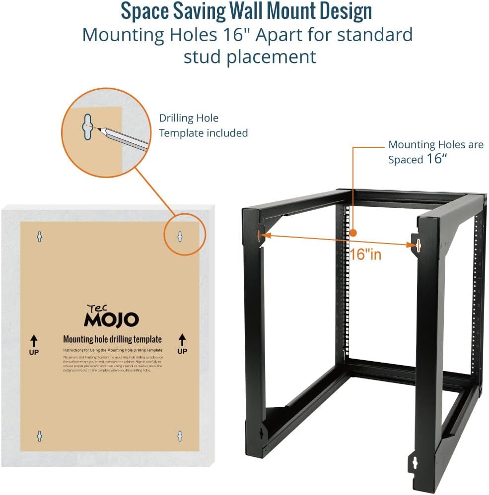 Tecmojo 12U Wall Mount Server Rack, Open Frame Network Rack for 19' Computer/AV/Data/IT/Media Equipment, 24' Depth, 16' Apart Mounting Holes, Swing Gate, Square and Tapped Holes