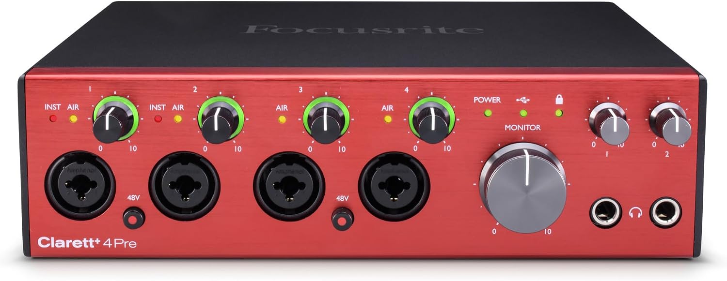 Focusrite Clarett Plus 4Pre 18-In and 8-Out Audio Interface Bundle with Headphones, 25-Feet XLR Microphone Cable (4-Pack), and TRS Cable (2-Pack) (8 Items)