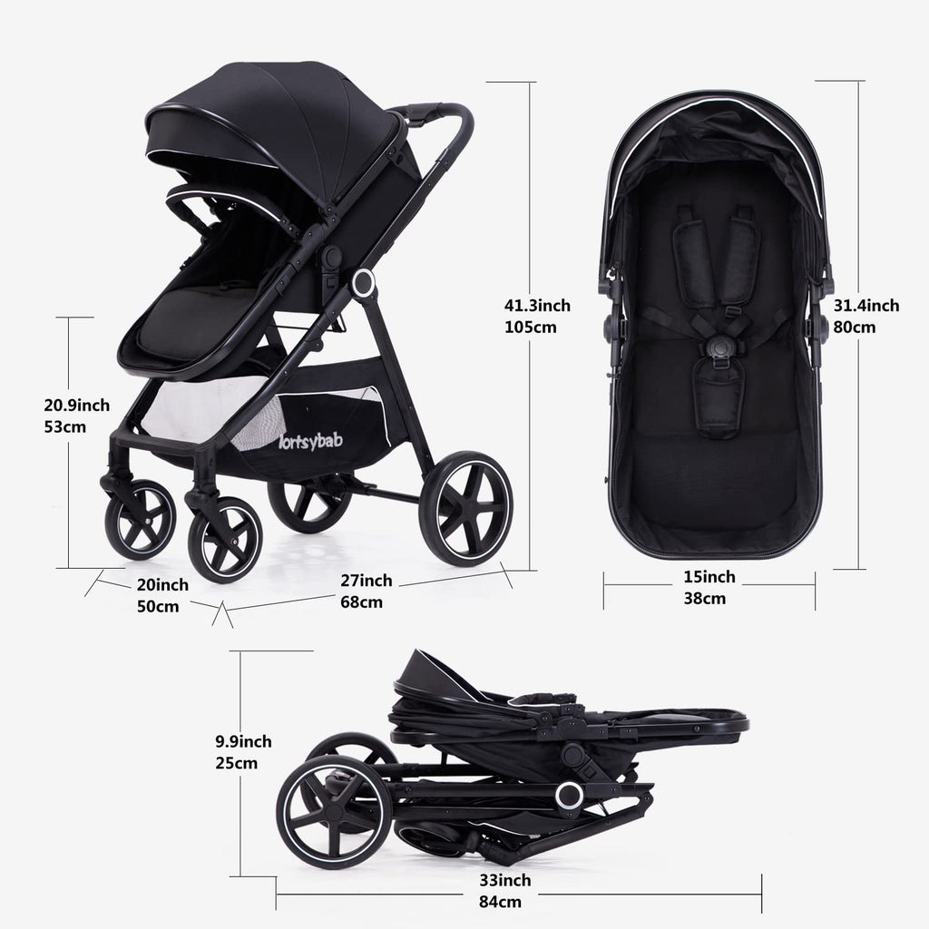 Lortsybab 2-in-1 Baby Stroller - Folding Infant Newborn Pram Stroller with Reversible Seat - Toddler Strollers for 0-36 Months Old Babies