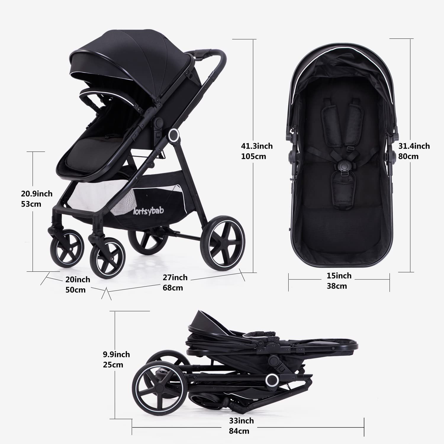 Lortsybab 2-in-1 Baby Stroller - Folding Infant Newborn Pram Stroller with Reversible Seat - Toddler Strollers for 0-36 Months Old Babies
